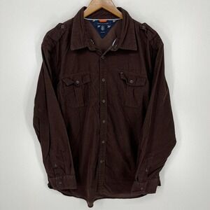Tommy Hilfiger Long Sleeve Button Shirt Men's XL Brown Corduroy Trim Fit Vtg Y2K